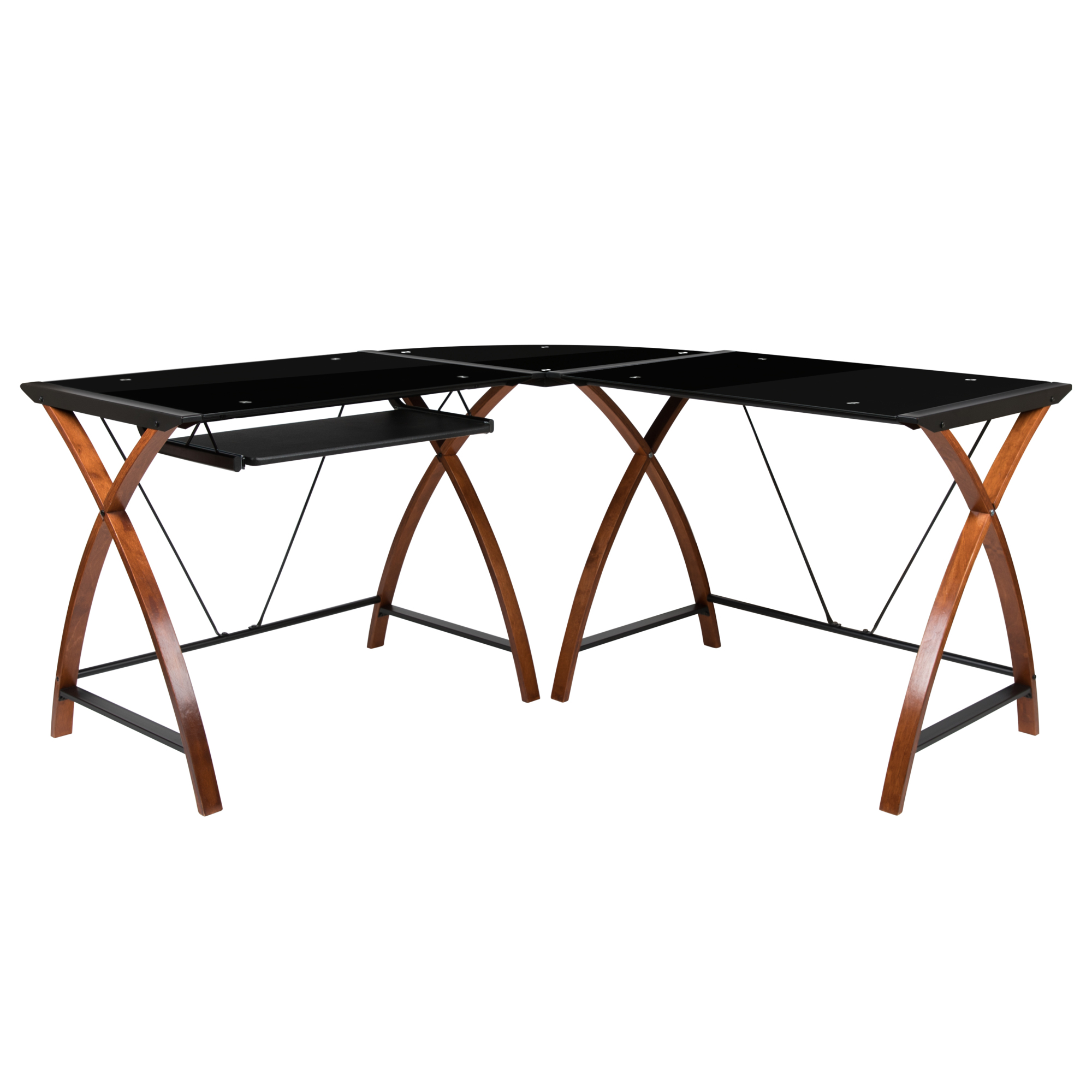 Flash Furniture, Black Glass L-Shape Computer Desk - Keyboard Tray, Width 83.25 in, Height 29 in, Depth 23.5 in, Model# NANJN2824SLCBK